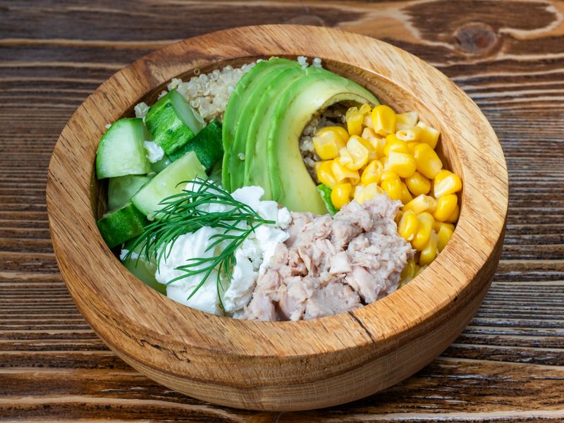 Quinoa protein power bowl with salmon
