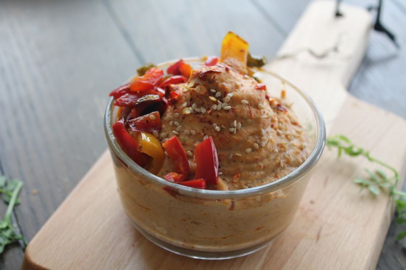 Veggie hummus wrap with roasted red peppers